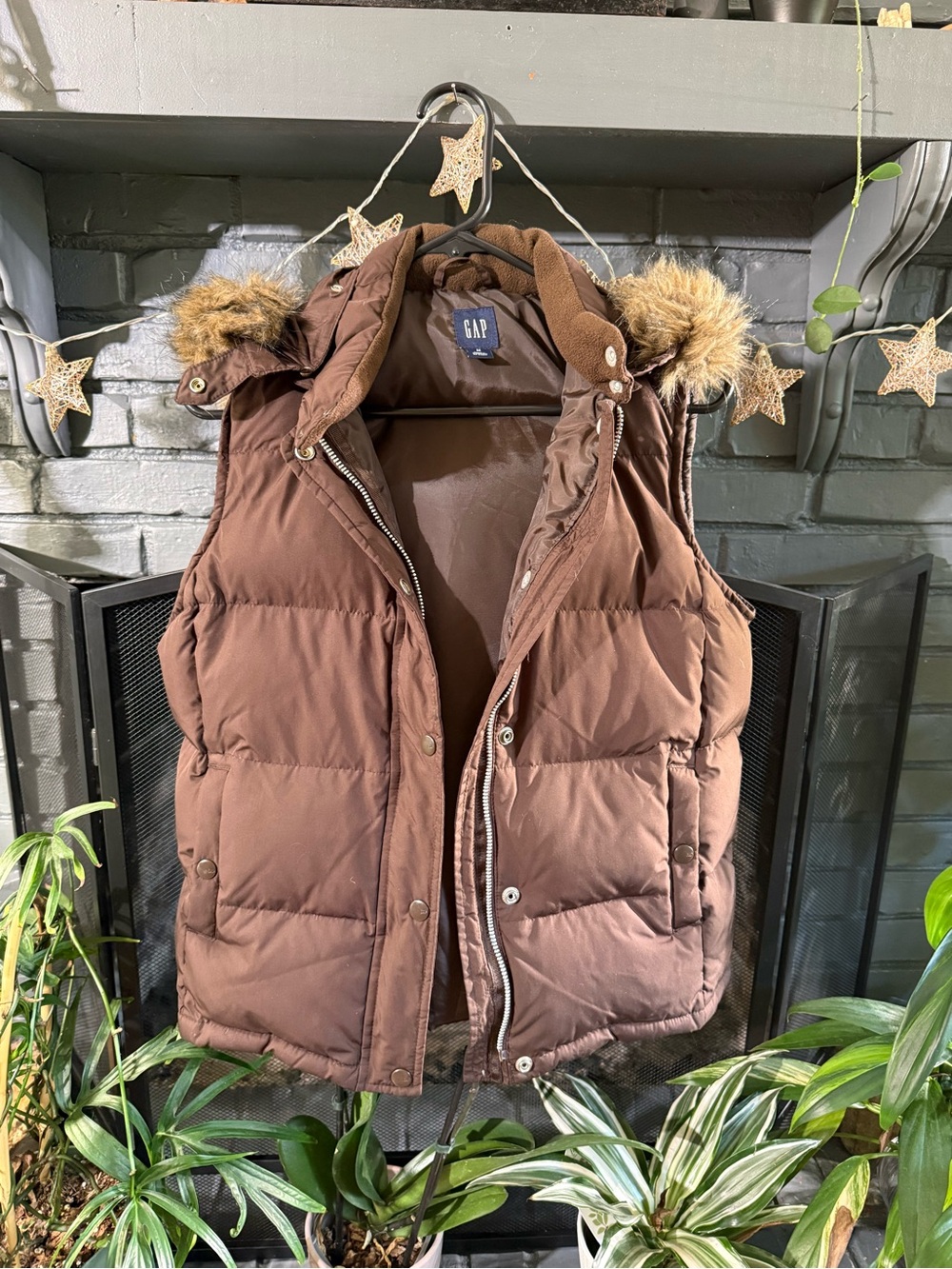 GAP Brown Puffer Vest with Faux-Fur Trim Hood